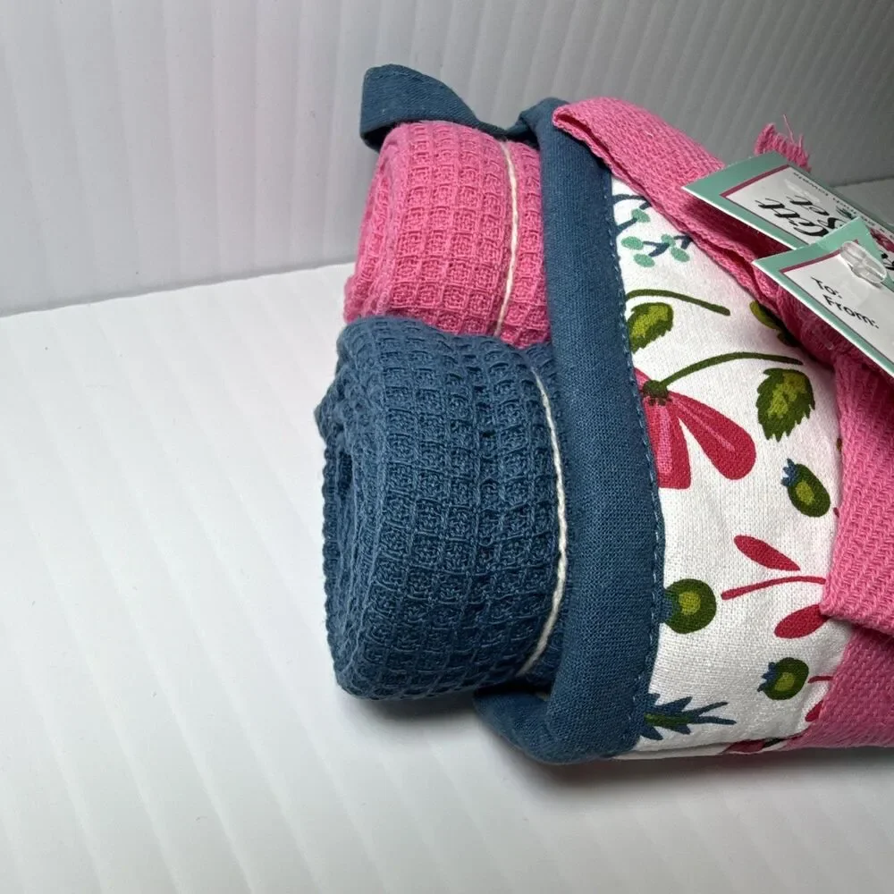 Floral Cotton Oven Mitt & 2 Tea Towels Set, Hanging Loop, Country Style